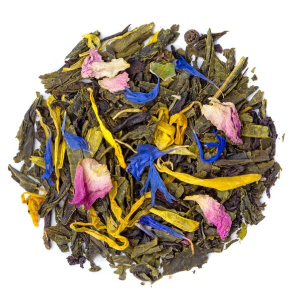 Thé Vert Mille et une Nuits Bio saveur Mangue, Orange et Rose par Made in Thé - Vue de haut