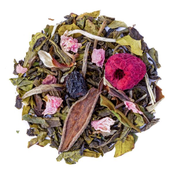Thé blanc Doux Baisers Bio Saveur Framboise, Groseille et Rose en vrac par Made in Thé - Vue de haut